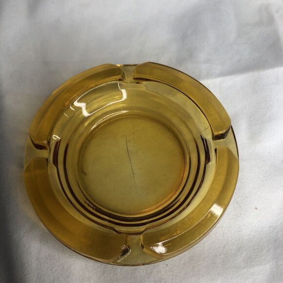Vintage Amber Ashtray 4.5" Round Sun Yellow Heavy Thick Cut Glass - Picture 2 of 12